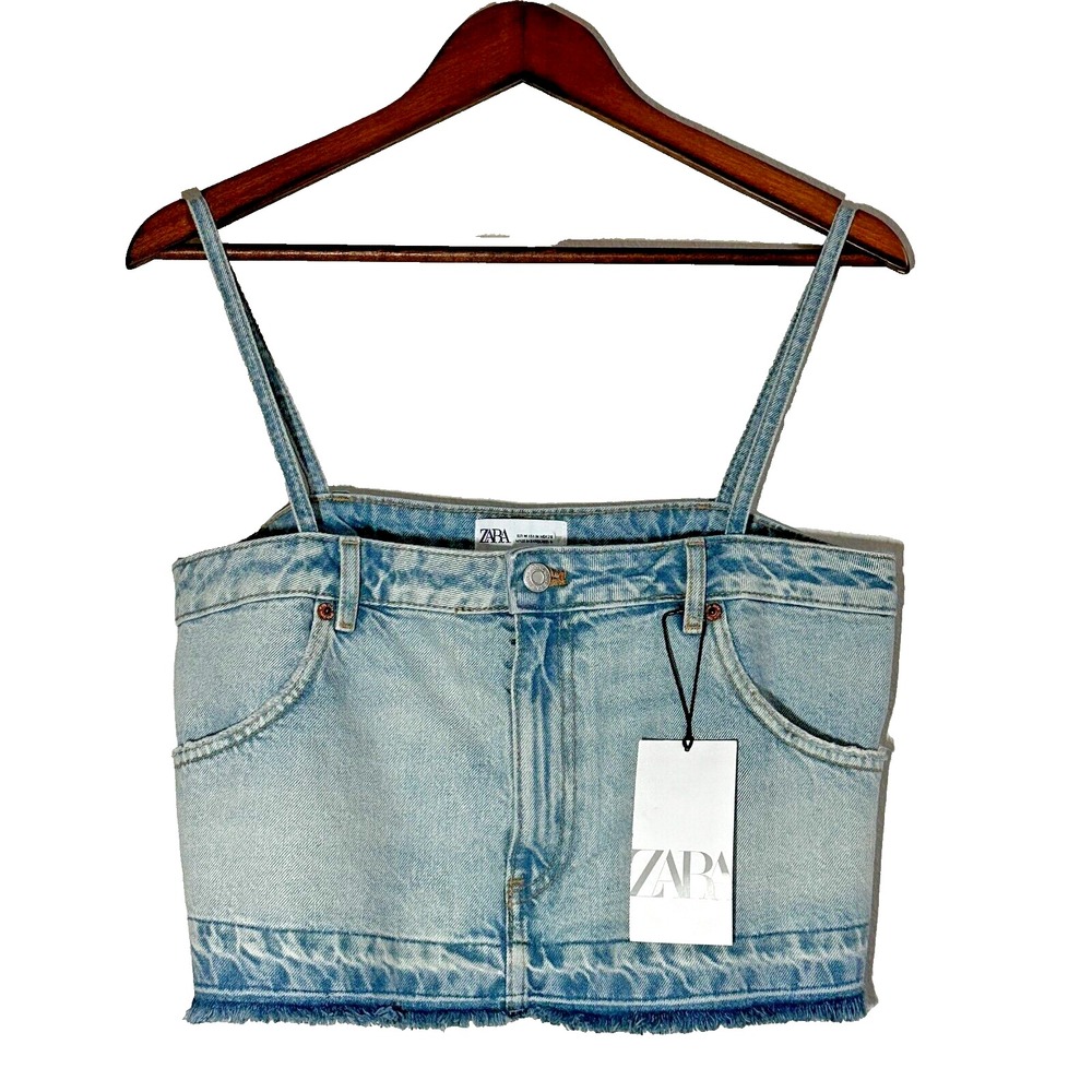 Zara Tank Top Skirt M Effect Crop Denim Jean Spaghetti Straps‎ NEW 5252/201